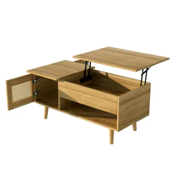 Masa de cafea cu blat rabatabil si usi din ratan, spatiu de depozitare practic,103x50x46 cm, Culoare naturala imagine