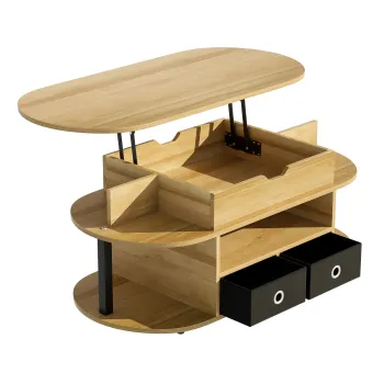 Masa de cafea cu mecanism de ridicare, spatiu de depozitare si sertare textile negre, 105x50x45 cm, Culoare naturala imagine