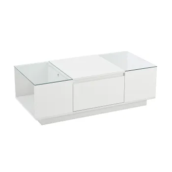 Masa de cafea cu spatiu de depozitare, iluminare ambientala LED, blat din sticla si 2 sertare, 105x50x35 cm, Alb imagine