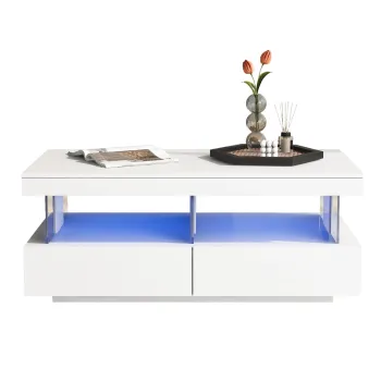 Masa de cafea moderna cu finisaj lucios, iluminare LED, 2 sertare, 100x60x49,5 cm, Alb imagine