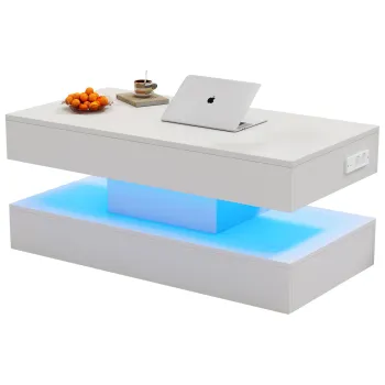 Masa de cafea moderna cu iluminare LED si spatiu de depozitare ascuns, masuta laterala cu sistem hidraulic de ridicare, 100x50x42 cm, Alb imagine