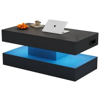 Masa de cafea moderna cu iluminare LED si spatiu de depozitare ascuns, masuta laterala cu sistem hidraulic de ridicare, 100x50x42 cm, Negru imagine