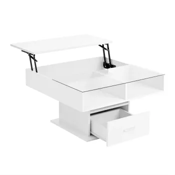 Masa de cafea multifunctionala, cu finisaj lucios si lift, cu iluminare LED, reglabila pe inaltime si cu spatiu de depozitare flexibil, 78x78x45,5 cm, Alb imagine