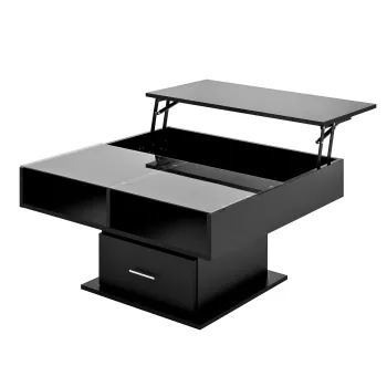 Masa de cafea multifunctionala, cu finisaj lucios si lift, cu iluminare LED, reglabila pe inaltime si cu spatiu de depozitare flexibil, 78x78x45,5 cm, Negru imagine