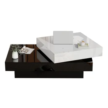 Masa de cafea rotativa cu blat rotativ lucios, 2 rafturi, 103x60x35,5 cm, Alb+Negru imagine