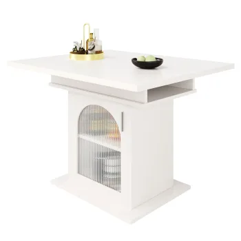 Masa de dining extensibila cu 3 rafturi si usi din sticla, 110-140x80x76 cm, Alb imagine