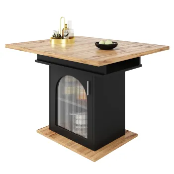 Masa de dining extensibila cu 3 rafturi si usi din sticla, 110-140x80x76 cm, Negru imagine