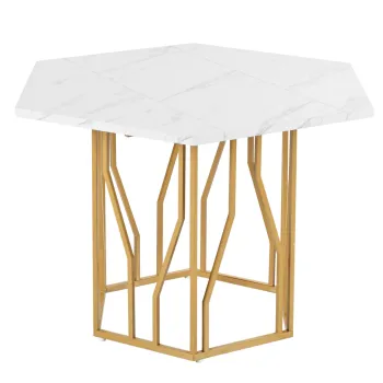 Masa de dining hexagonala moderna, cu picioare din metal aurii, 115,5x100x75 cm, Alb+Auriu imagine