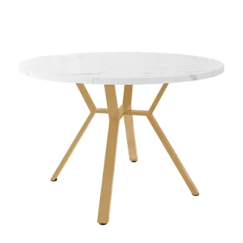 Masa de dining rotunda moderna pentru 4 persoane, cu suport metalic in forma de x, 100x100x75 cm, Alb+Auriu imagine