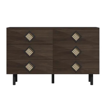 Masa de machiaj cu 6 sertare, manere din ratan, spatiu mare de depozitare, pentru dormitor si living, 120x40x74,5 cm, Culoare naturala imagine