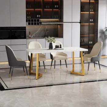 Masa de pranz 117x68 cm, cu efect de marmura si picioare din metal, Versatila pentru sufragerie si living, Alb+Auriu imagine