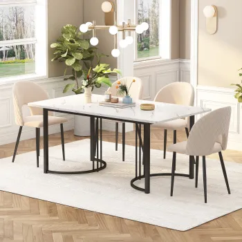 Masa de pranz moderna 140 x 80 cm, cu model de marmura, structura din metal, pentru sufragerie si living, Alb+Negru imagine