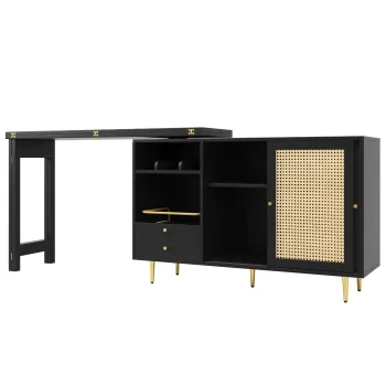 Masa inalta de design, extensibila si rotativa la 360?, cu blat rabatabil, dulap de depozitare cu usa din ratan + raft deschis de depozitare, 107x40x71,4 cm, Negru imagine