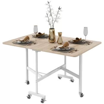 Masa plianta cu 2 foi HOMCOM cu rotile, masa de economisire a spatiului pentru living si bucatarie din MDF si otel, 120x80x73cm, de culoare maro imagine