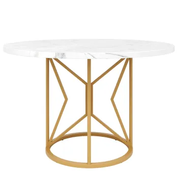 Masa rotunda de dining din MDF, picioare din metal, 100x100x76 cm, Alb+Auriu imagine