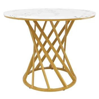 Masa rotunda de dining, masa de bucatarie cu blat din MDF si picioare metalice, 80x80x76 cm, Alb+Auriu imagine
