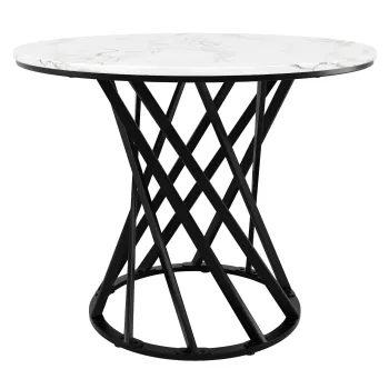 Masa rotunda de dining, masa de bucatarie cu blat din MDF si picioare metalice, 80x80x76 cm, Alb+Negru imagine