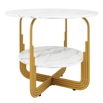 Masa rotunda de dining pentru 4 persoane, blat MDF cu spatiu de depozitare inferior, 80x80x76 cm, Alb+Auriu imagine