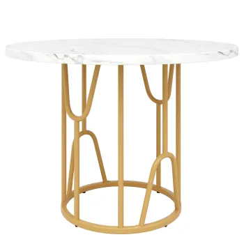 Masa rotunda pentru 4 persoane, blat MDF cu picioare din metal, 80x80x76 cm, Alb+Auriu imagine