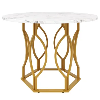 Masa rotunda pentru 4 persoane, masa de bucatarie cu blat din MDF si picioare metalice, 100x100x76 cm, Alb+Auriu imagine