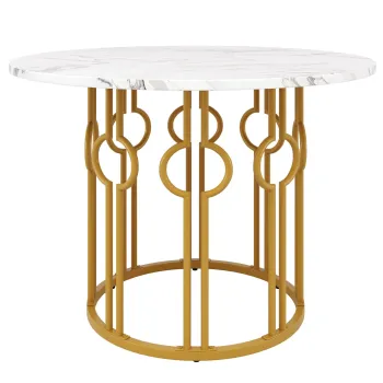 Masa rotunda pentru 4 persoane, masa de bucatarie cu blat din MDF si picioare metalice, 100x100x76 cm, Alb+Auriu imagine