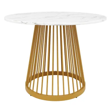 Masa rotunda pentru 4 persoane, masa de bucatarie cu blat din MDF si picioare metalice, 80x80x76 cm, Alb+Auriu imagine