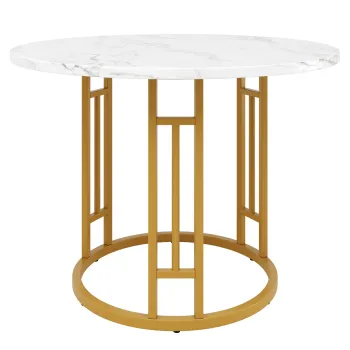 Masa rotunda pentru 4 persoane, picioare stilate din metal, blat din MDF, 80x80x76 cm, Alb+Auriu imagine