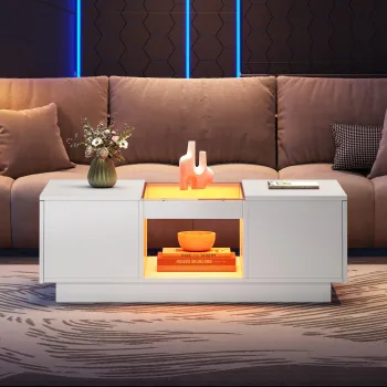 Masuta de cafea alba cu suprafata din sticla, iluminare LED, control prin aplicatie, 2 sertare si 1 compartiment deschis, 100x50x35,5 cm, Alb imagine