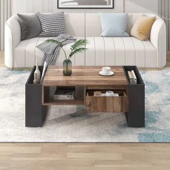 Masuta de cafea din lemn cu efect natural, Culoare naturala+Negru | Aosom Romania imagine