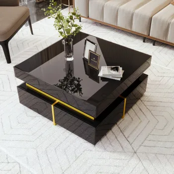 Masuta de cafea lacuita lucios cu sertare si accente aurii, 70x70x35,5 cm, Negru imagine
