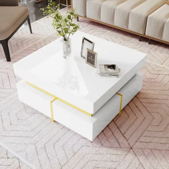 Masuta de cafea lucioasa cu sertare si accente aurii, 70x70x35,5 cm, Alb imagine