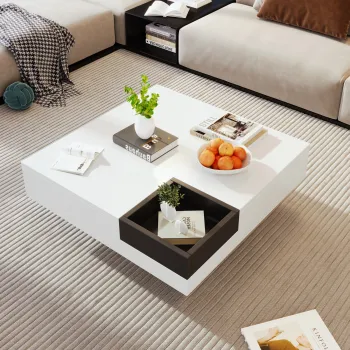 Masuta de cafea lucioasa, masuta cu cutie de depozitare detasabila si efect de lumina LED, 72x72x30 cm, Alb imagine