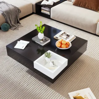 Masuta de cafea lucioasa, masuta de sufragerie cu cutie de depozitare detasabila si efect de lumina LED, 72x72x30 cm, Negru imagine