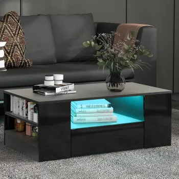 Masuta de cafea moderna cu 2 sertare si 2 rafturi, structura din PAL, iluminare LED, 95x53x37 cm, negru imagine