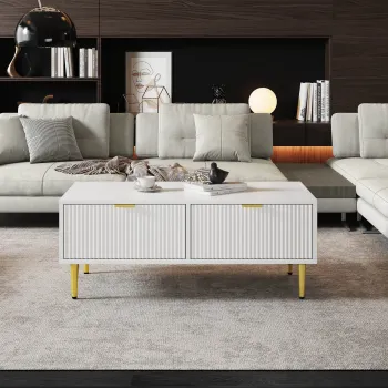 Masuta de Cafea Moderna cu 2 Sertare si Design cu Dungi Verticale, 100x50x40 cm - Masuta de Canapea, Alb+Auriu imagine
