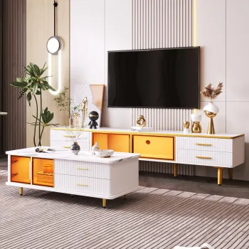 Masuta de cafea moderna cu blat efect de marmura si usa din sticla temperata, sertare ondulate, manere si picioare aurii, 100x50x40 cm, alba imagine