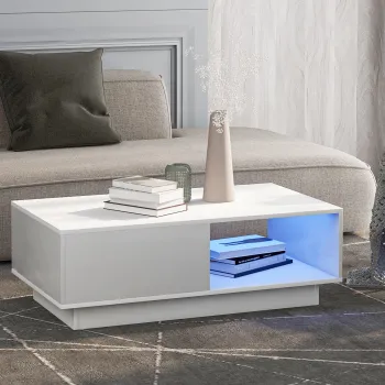 Masuta de Cafea Moderna cu Iluminare LED Multicolora in 15 Moduri, din MDF si Placi de Particule, 95x55x32 cm, Alba imagine