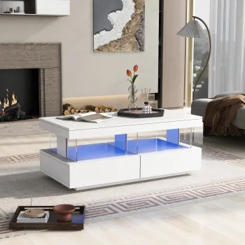 Masuta de cafea moderna cu iluminare LED si rafturi din acril, 100x60x49,5 cm, alba imagine