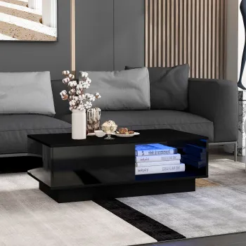 Masuta de cafea moderna din lac lacuit lucios cu lumina LED, 95x55x32 cm, Negru imagine