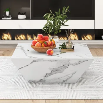 Masuta de Cafea Moderna Trapezoidala din MDF cu Finisaj Marmura, 2 Sertare, Design Unic si Stabil, 70x70x37 cm, Alb imagine