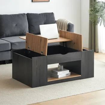 Masuta de Cafea Ridicabila din MDF cu Design Elegant si Spatiu de Depozitare Integrat, 109,5x59,7x43 cm, Gri+Maro imagine