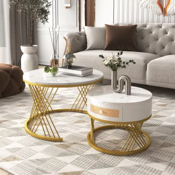 Masuta de Cafea Rotunda 2 in 1 din MDF, Alb+Auriu | Aosom Romania imagine