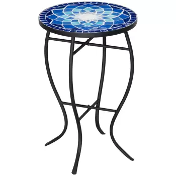 Masuta de Gradina Rotunda din Metal Outsunny cu Blat din Ceramica, ?35,5x53,5 cm, Albastru si Alb | Aosom Ro imagine