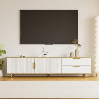 Mobila TV joasa cu textura sculptata, manere si picioare aurii, structura cu efect de marmura pentru living, 175x40x45 cm, alba imagine