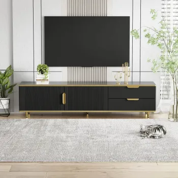 Mobila TV joasa cu textura sculptata, manere si picioare aurii, structura cu efect de marmura pentru living, 175x40x45 cm, negru imagine