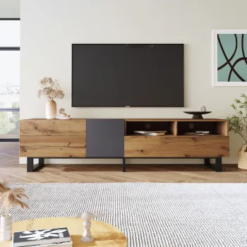 Mobila TV moderna cu design in blocuri de culoare, Culoare naturala+Negru | Aosom Romania imagine