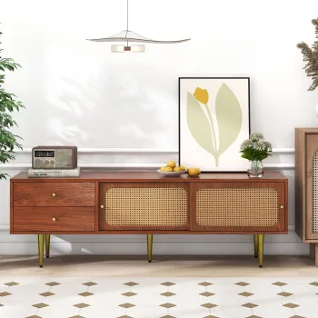 Mobilier TV elegant cu usi glisante din ratan, Culoare naturala | Aosom Romania imagine