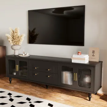 Mobilier TV Retro cu Manere Aurii, Spatiu Generos de Depozitare, Usa din Sticla si Picioare din Lemn Masiv, 175x38x55,5 cm, Negru imagine