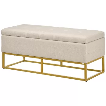 Otomana de depozitare HOMCOM cu blat, banca tapitata dreptunghiulara, taburet din stofa de in cu picioare de otel pentru sufragerie, dormitor, bej imagine