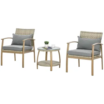 Outsunny 3 Piese de Mobilier de Terasa din Rachita, cu Perne Moi pentru Sezut si Spatar, Huse Lavabile, Masa de Cafea din Sticla Securizata imagine